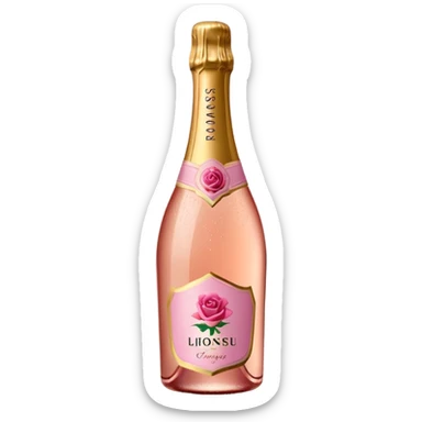 bottle of sparkling rosé champagne with a rose logo on the label, tilted up and to the left, no glass sticker