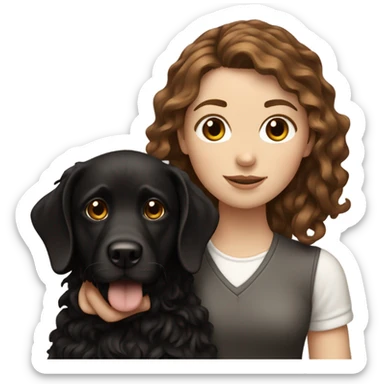 white girl with wavy brown hair holding black dog sticker