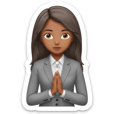 a young woman in a grey pantsuit. Her hands are folded, she has brown eyes and very long brown hair. sticker