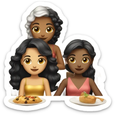Three girls in New Year's dresses. The first one with black hair. The second one has white hair. The third one has brown hair. They're sitting in a restaurant. sticker