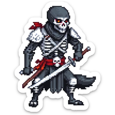 pixel art ninja skeleton wielding swords, accompanied by a fierce black wolf sticker