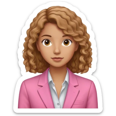 girl with light brown slightly curly hair, pink blazer, marketing girl  sticker