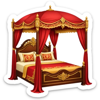 bed with red and gold sheets, wooden, canopy sticker