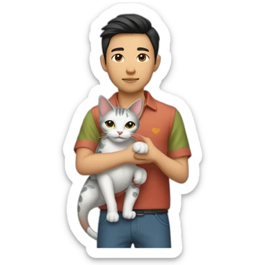 Young Asian man in Cuban-collared shirt holding a Dragon Li cat in his arms sticker