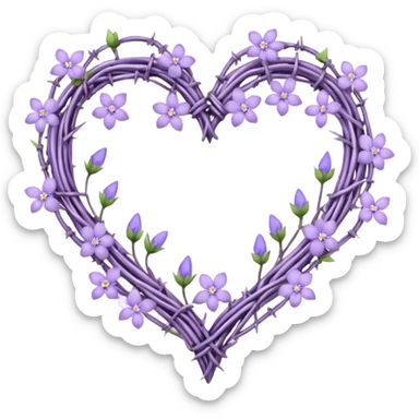 heart shape made out of barb wire vines with pastel lavender flowers and lilac flowers adorning the border with crystals hanging  sticker