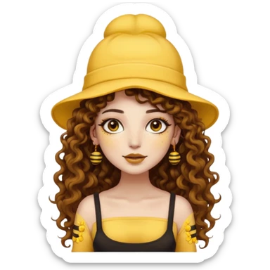 full body woman long curly brown hair brown eyes white skin tattoos wearing bee hat and pollen glow makeup sticker