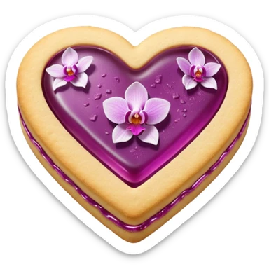 Realistic shortbread cookie in the shape of a heart with orchid color jelly middle filling and sprinkled powder sugar on top. sticker