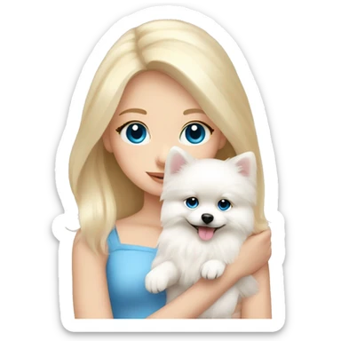 Blond girl white skin blue eyes hugging white Pomeranian with light pink bow sticker