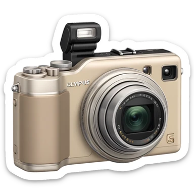 Minimal Olympus Superzoom 70G camera from slight top angle, grayish-beige color, simplified shape with subtle indication of basic camera features sticker