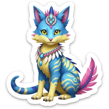 Kawaii cute yellow, blue, pink, exotic tribal beautiful pretty elegant divine edgy feline-vernid-sergal-Fakémon-Pokémon-Digimon-fursona-animal-creature with bracelet, necklace, full body, with intricate detailed markings, feather headdress  sticker