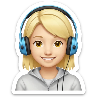 "- Nữ
- 20 tuổi
- Da vàng
- Tóc vàng ngang vai
- Mặt cười mỉm
- Đeo tai nghe

" sticker