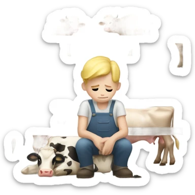 Farm boy with blonde hair is milking cow. But he is sad sticker