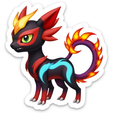 Red, Green, Black and Purple, Blue, Meloetta-Litten-Guilmon-Darkrai-Pokémon-Fakémon-fusion-hybrid-creature sticker