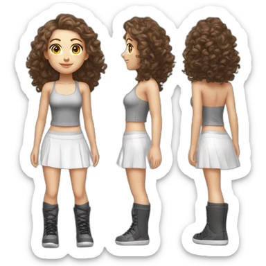 hyper realistic caucasian long curly brown hair brown eyes strapless sporty top white miniskirt tight black gray shoes full body sticker