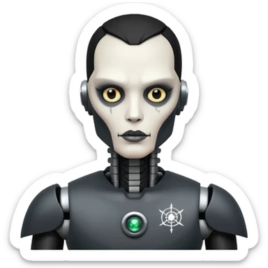 black metal Tatooed robot with radar, big many tatooes on chest, neck and face, white tatoo on face sticker
