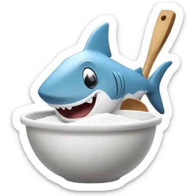 Show a friendly cartoon shark in a kitchen with flour on its nose, playfully sniffing the white powder. There's a mixing bowl of flour nearby, and the shark is holding a wooden spoon, ready to bake. sticker
