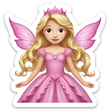 Detailed long pink princess dress, long blonde wavy hair, pink fairy wings sticker