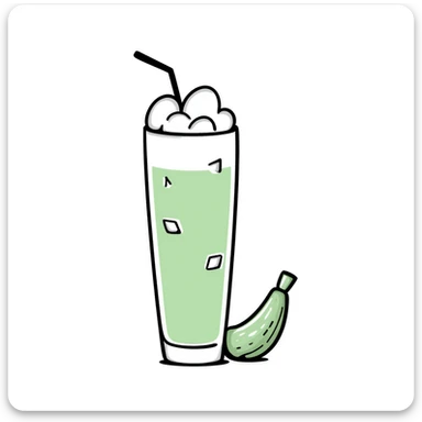 Hand-drawn glass of sugarcane juice with ice cubes, light green liquid, and a piece of sugarcane beside it sticker