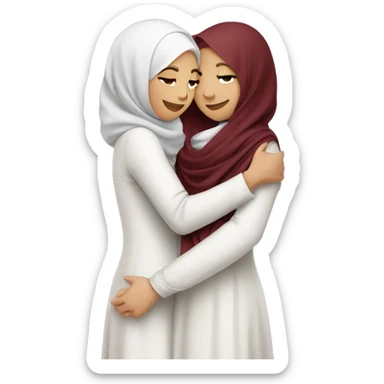 two girls hugging one in hijab second with dark red hair sticker