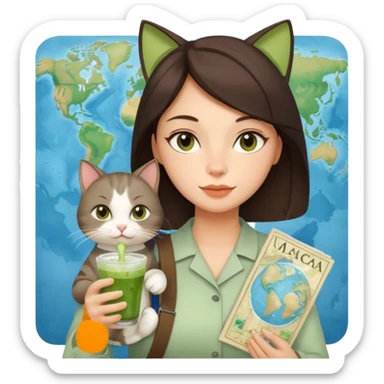 a brunette woman in here 30S drinking an iced matcha, carrying a grey cat and a map of the world sticker