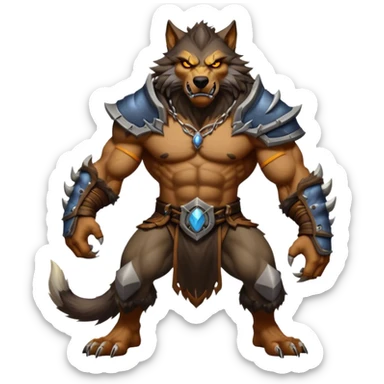 Cinematic Realistic WoW Worgen Portrait, captured in a dynamic, battle-ready stance, muscles rippling beneath his wild fur and tanned skin. His fierce, amber eyes and determined features, set against consistently detailed, worn leather attire, are rendered with dramatic natural lighting and high shine, embodying the raw, relentless fury of a worgen warrior in combat. sticker