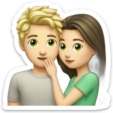 Blond boy Green eye kissing brunette girl Green eye sticker