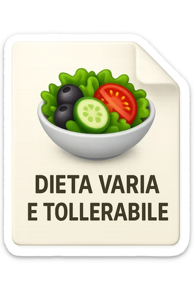 emoji stile iphone di un foglio con un insalata disegnata sopra e la scritta "DIETA VARIA E TOLLERABILE, iperrealistico 4k, isolato su sfondo bianco sticker
