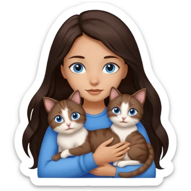 a pretty girl with long dark 
brown hair, with blue eyes, hugs 3 different natural coloured small cats sticker