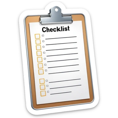 A clipboard with a checklist and metallic clip sticker