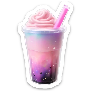 Galaxy Bubble Tea "A pastel pink bubble tea with a swirling galaxy effect inside the cup, sparkling stars and pearls, and a glowing straw shooting stardust trails." sticker