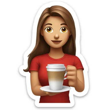 barista girl in a red t-shirt with long brown hair, with a cup of coffee in a hand sticker