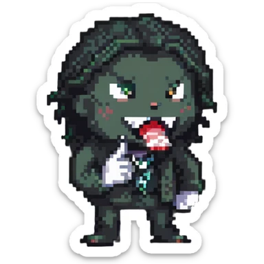 sneaky character biting a finger, mischievous expression sticker