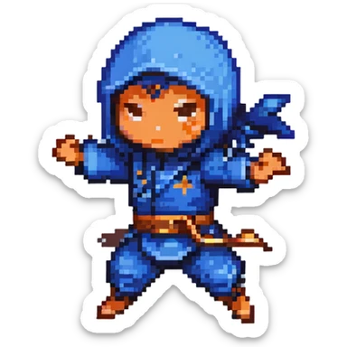pixel art chibi ninja, blue outfit, jumping, throwing a shuriken sticker