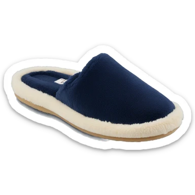 a hotel slipper with terry material as the footbed and upper. Navy sticker