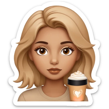 “A cozy, warm-toned emoji girl with soft bronzy eyeshadow, fluffy brows, caramel shimmer, glossy nude lips, light contour, and tousled hair — latte-inspired look.” like belle hadid sticker