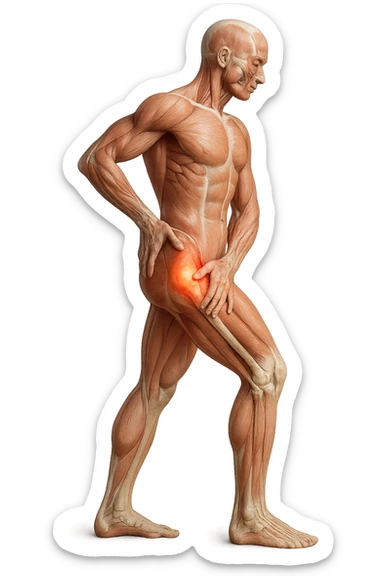 CORPO UMANO ANATOMICO DI PROFILO A FIGURA INTERA REALISTICO CHE SI TOCCA L'ANCA INFIAMMATA, DOLORE ALL'ANCA, IPERREALISTICO 4K sticker