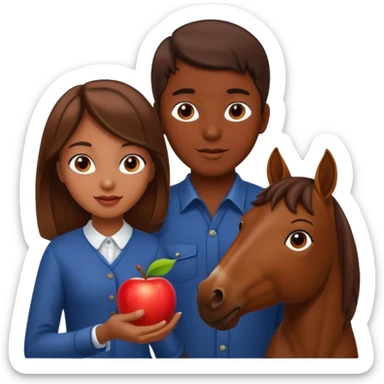 a dark skinned boy and a brown haired girl giving an apple to a horse sticker