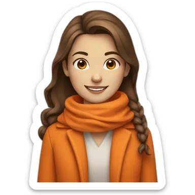girl with brown hair, orange scarf and orange coat, smiling sticker