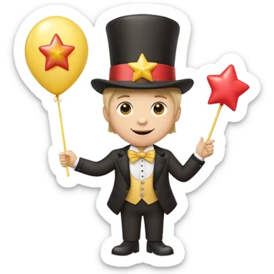 A yellow star with a small smile holding a balloon in his left hand and a lollipop in his right hand wearing a top hat  sticker