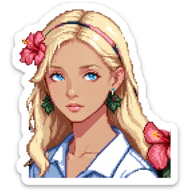preppy coastal teen girl with blue eyes, beach blonde hair, tan skin, hibiscus flower in her ear, preppy beach outfit sticker
