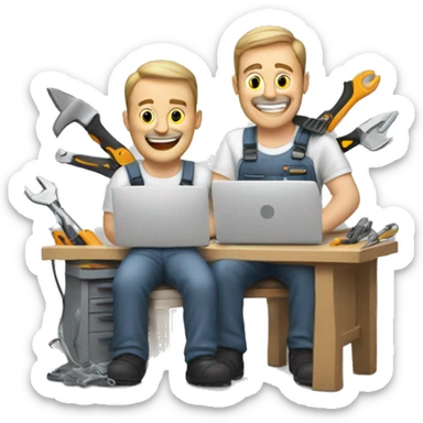 two white guys with tools working on computer sticker