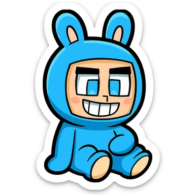 Extract and isolate the small character in the blue bunny suit from the image, placing them on a transparent background, keeping the original Minecraft cartoon style and appearance. sticker