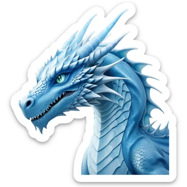 Cinematic Noble wise elegant Ice Dragon Portrait Emoji, Poised and imposing, distinct long elegant snout, with a slender, scaled body shimmering in glacial hues of icy blue, frostbitten silver, and crystalline white, breathing out frost, with piercing, glowing ice blue white eyes that radiate the chilling depths of an arctic storm; rendered in detail. excuding wisdom sticker