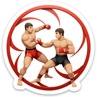 An icon symbolizing wrestling martial arts, featuring two stylized figures locked in a dynamic grappling pose. The background shows abstract elements representing strength and technique, with a circular design to represent unity and focus. Transparent background sticker