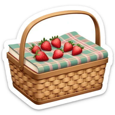 Vintage romantic picnic basket, filled with strawberries, soft colored flowers, a pastel plaid blanket and a vintage looking hardcover book inside basket, ultra detailed, 8k sticker
