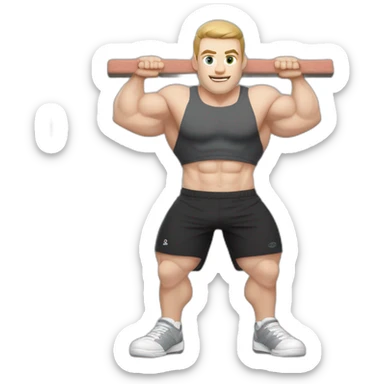 Pale skinned Fit Man With the biceps and dark brown hair in black shirt, gray sports shorts and white Sneakers Relies on the crossbar sticker