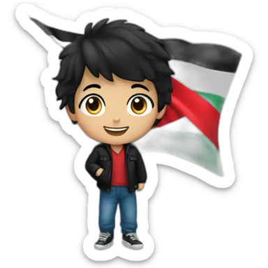 a young boy waving the palestine flag up high he is wearing a black jacket with blue jeans and black hair sticker