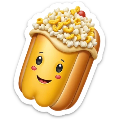 Merge an image of a popcorn kernwl with the graphical representaiton of the hotdog emoji. It can be bad and cringe sticker