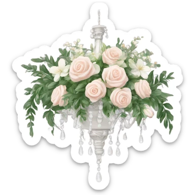 ornate chandelier draped in greenery and white, blush, and neutral flowers sticker