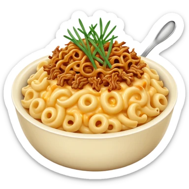 Bowl of elbow Mac and cheese topped with green chives, crispy onions, and pulled pork sticker